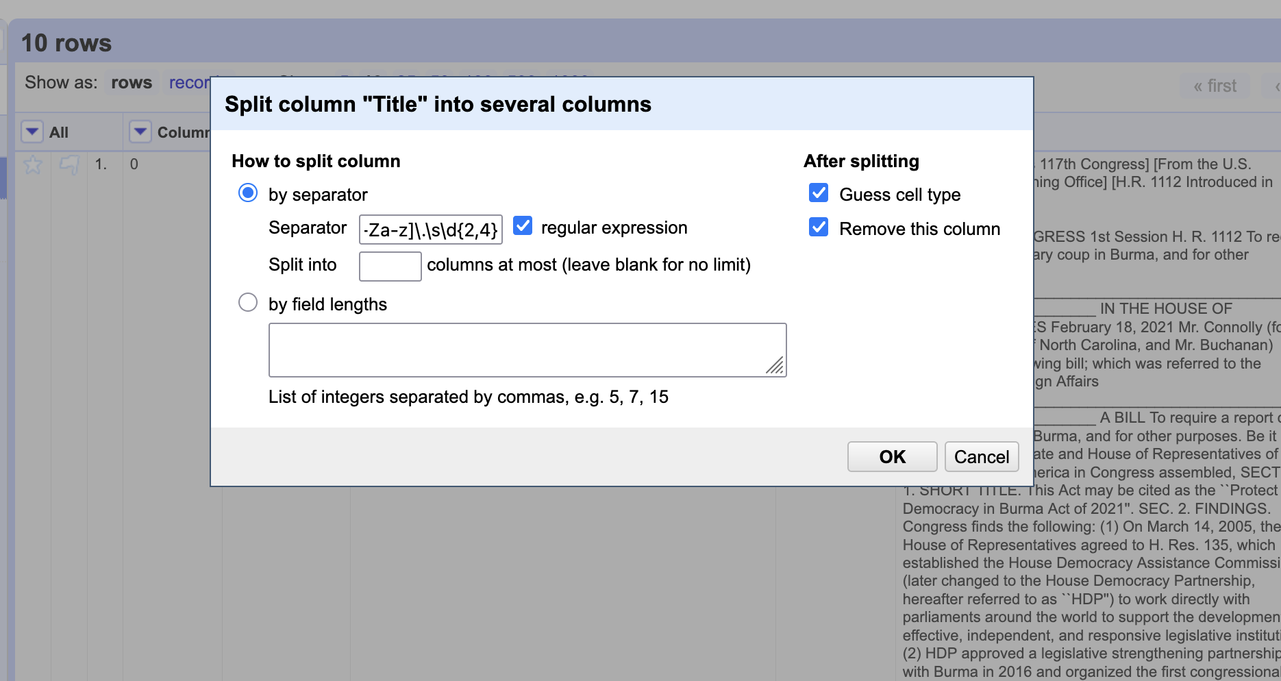 splitting cells by regex expression