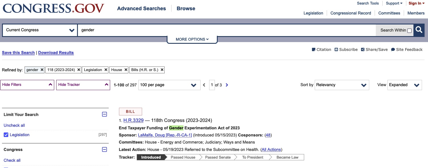image of congress.gov search interface